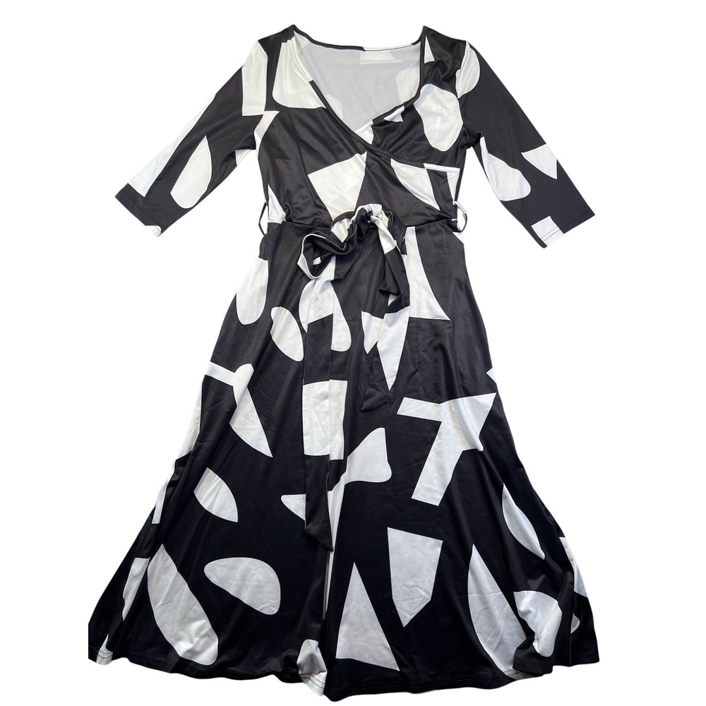 Womens Faux Wrap Midi Dress 3/4 Sleeves Belted Black & White Sexy‎ Casual Small